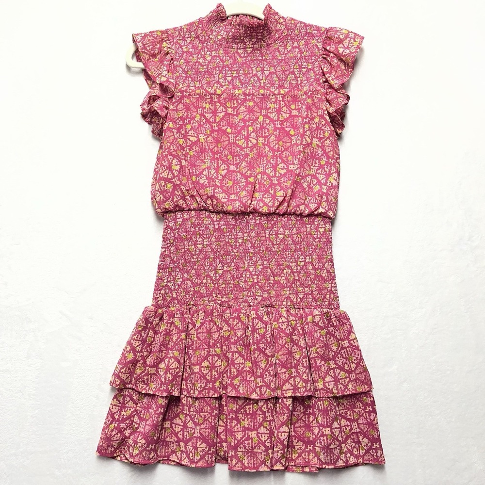 AQUA Smocked Ruffle Mini Dress Womens Small Pink Gold Smock Neck - Picture 2 of 10